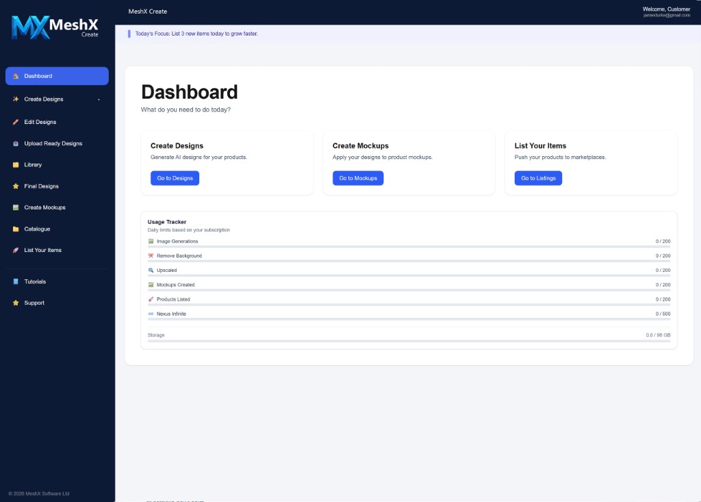 MeshX Create dashboard showing navigation, usage summary, and quick-start cards for designs, mockups and listings