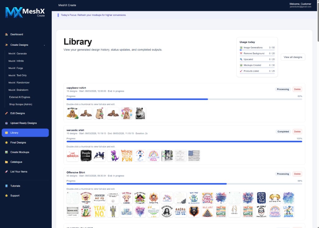 MeshX Create Library showing design batches in progress and completed with thumbnails